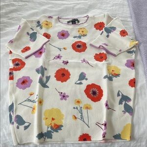 Ann Taylor Floral Crew Neck Sweater - Cream, Red, Yellow, Purple